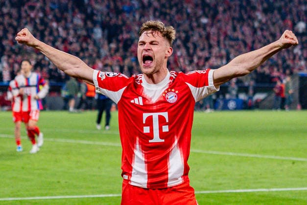 15 04 2026, FC Bayern München vs Real Madrid, UEFA Champions League, quarter-final second leg Joshua Kimmich FC Bayern Muenchen, 6 Celebrating the goal to 4 3 here with Michael Olise FC Bayern Muenchen, 17 Regulations prohibit any use of photographs as image sequences and or quasi video Copyright: xBahhoxKarax