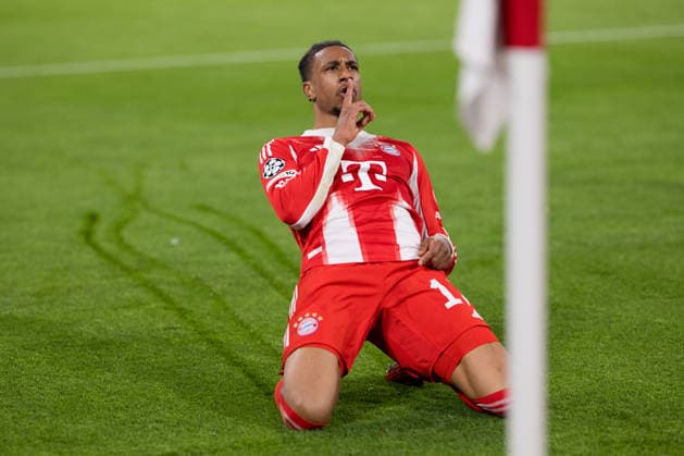 GER, Bavaria, Munich, Fussball, FC Bayern Munich - Real Madrid CF, at the Allianz Arena, Munich, Champions League, Quarter finals, second leg, April 15, 2026, from left: Michael Akpovie Olise (FC Bayern Muenchen, 17), Torjubel, Freude, Emotionen, Jubel, Feiern, Goal Scored, Celebrate, goal celebration, joy, emotions, celebration, cheering, goal scored, celebrate UEFA regulations prohibit any use of photographs as image sequences and or quasi-video, Munich Allianz Arena Bavaria Germany Copyright: xMichaelxNibelx