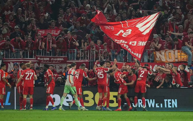 Michael Olise Bayern Munich scores and celebrates his teams fourth goal during Bayern Munich and Real Madrid, UEFA Champions league Quarter Final UEFA Champions League, at Allianz Arena, Munich, Germany on April 15, 2026 Thor Wegner DeFodi Images Photo by DeFodi Images