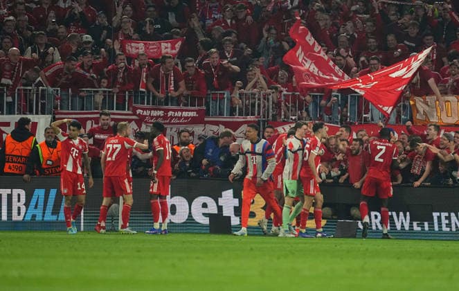 Michael Olise Bayern Munich scores and celebrates his teams fourth goal during Bayern Munich and Real Madrid, UEFA Champions league Quarter Final UEFA Champions League, at Allianz Arena, Munich, Germany on April 15, 2026 Thor Wegner DeFodi Images Photo by DeFodi Images