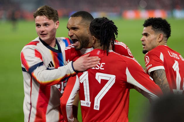 GER, Bavaria, Munich, Fussball, FC Bayern Munich - Real Madrid CF, at the Allianz Arena, Munich, Champions League, Quarter finals, second leg, April 15, 2026, from left: Jonas Urbig (FC Bayern Muenchen, 40), Jonathan Tah (FC Bayern Muenchen, 4), Michael Akpovie Olise (FC Bayern Muenchen, 17), Luis Diaz (FC Bayern Muenchen, 14), Torjubel, Freude, Emotionen, Jubel, Feiern, Goal Scored, Celebrate, goal celebration, joy, emotions, celebration, cheering, goal scored, celebrate UEFA regulations prohibit any use of photographs as image sequences and or quasi-video, Munich Allianz Arena Bavaria Germany Copyright: xMichaelxNibelx