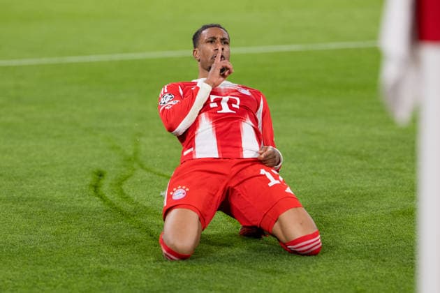 GER, Bavaria, Munich, Fussball, FC Bayern Munich - Real Madrid CF, at the Allianz Arena, Munich, Champions League, Quarter finals, second leg, April 15, 2026, from left: Michael Akpovie Olise (FC Bayern Muenchen, 17), Torjubel, Freude, Emotionen, Jubel, Feiern, Goal Scored, Celebrate, goal celebration, joy, emotions, celebration, cheering, goal scored, celebrate UEFA regulations prohibit any use of photographs as image sequences and or quasi-video, Munich Allianz Arena Bavaria Germany Copyright: xMichaelxNibelx