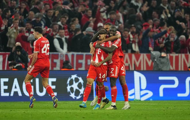 Luis Diaz Bayern Munich scores and celebrates his teams third goal during Bayern Munich and Real Madrid, UEFA Champions league Quarter Final UEFA Champions League, at Allianz Arena, Munich, Germany on April 15, 2026 Thor Wegner DeFodi Images Photo by DeFodi Images
