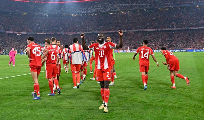 after the end of the match final cheers, joy, happiness, jubilation Dayot Upamecano FC Bayern Muenchen FCB 02 FC Bayern Muenchen FCB vs Real Madrid UEFA CL Champions League quarter-final second leg 15 04 2026 DFL REGULATIONS PROHIBIT ANY USE OF PHOTOGRAPHS AS IMAGE SEQUENCES AND OR QUASI VIDEO FC Bayern Muenchen FCB vs Real Madrid CL Champions League