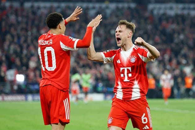 15 04 2026, xjrdrx, Football UEFA Champions League, FC Bayern Muenchen Real Madrid v l jubilation, joy of victory Jamal Musiala FC Bayern Muenchen Joshua Kimmich FC Bayern Muenchen DFL DFB REGULATIONS PROHIBIT ANY USE OF PHOTOGRAPHS as IMAGE SEQUENCES and or QUASI VIDEO Muenchen