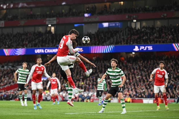 Kai Havertz of Arsenal FC rises to meet the cross and head the ball during the UEFA Champions League match between Arsenal and Sporting CP at the Emirates Stadium, London, England on 15 April 2026. Copyright: xPhilxHutchinsonx 44830035