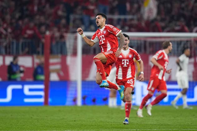 April 15, 2026, Munich, Bavaria, Germany: Luis Diaz of Bayern Munich celebrates a goal during the UEFA Champions League 2025 26 Quarter-Final Second Leg match between FC Bayern MoÂ¼nchen and Real Madrid CF at Allianz Arena on April 15, 2026 in Munich, Germany. Munich Germany - ZUMAa181 20260415_zaa_a181_293 Copyright: xDennisxAgyemanx