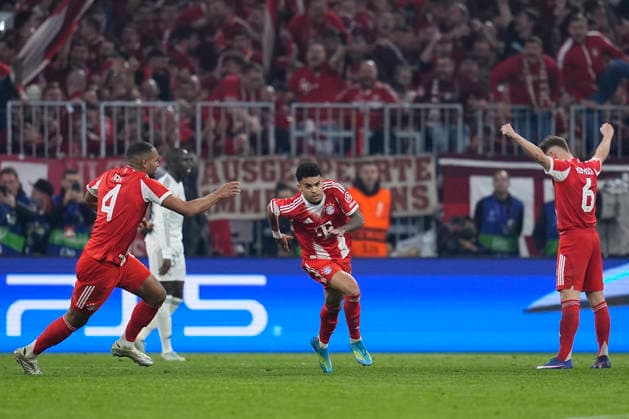 April 15, 2026, Munich, Bavaria, Germany: Luis Diaz of Bayern Munich celebrates a goal during the UEFA Champions League 2025 26 Quarter-Final Second Leg match between FC Bayern MoÂ¼nchen and Real Madrid CF at Allianz Arena on April 15, 2026 in Munich, Germany. Munich Germany - ZUMAa181 20260415_zaa_a181_295 Copyright: xDennisxAgyemanx