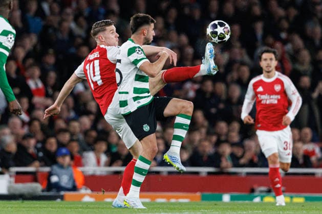 Viktor Gyokeres and Goncalo Inacio seen during UEFA Champions League quarterfinal game between teams of Arsenal FC and Sporting CP at Emirates Stadium (Maciej Rogowski Ball Raw Images) London Emirates Stadium United Kingdom Copyright: xMaciejxRogowskix MaciejRogowskiArsenalSporting2526153