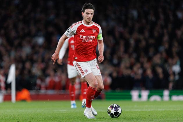 Declan Rice seen during UEFA Champions League quarterfinal game between teams of Arsenal FC and Sporting CP at Emirates Stadium (Maciej Rogowski Ball Raw Images) London Emirates Stadium United Kingdom Copyright: xMaciejxRogowskix MaciejRogowskiArsenalSporting2526155