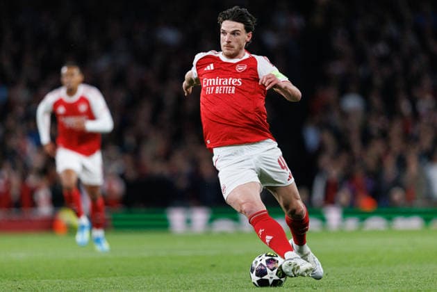 Declan Rice seen during UEFA Champions League quarterfinal game between teams of Arsenal FC and Sporting CP at Emirates Stadium (Maciej Rogowski Ball Raw Images) London Emirates Stadium United Kingdom Copyright: xMaciejxRogowskix MaciejRogowskiArsenalSporting2526159