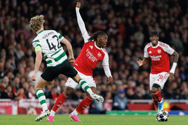 Eberechi Eze and Morten Hjulmand seen during UEFA Champions League quarterfinal game between teams of Arsenal FC and Sporting CP at Emirates Stadium (Maciej Rogowski Ball Raw Images) London Emirates Stadium United Kingdom Copyright: xMaciejxRogowskix MaciejRogowskiArsenalSporting2526185