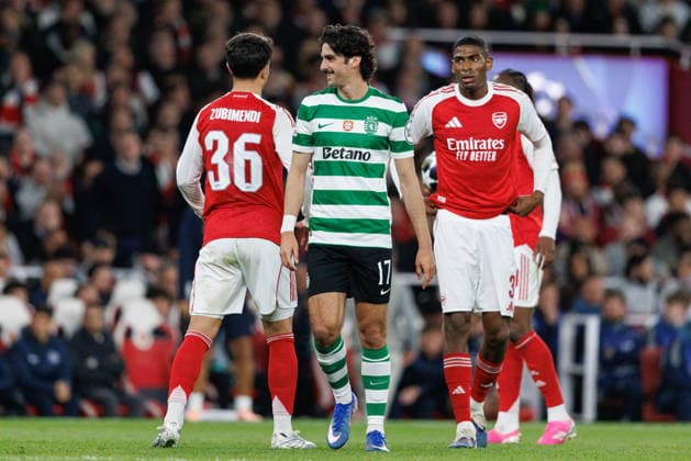 Francisco Trincao and Cristian Mosquera seen during UEFA Champions League quarterfinal game between teams of Arsenal FC and Sporting CP at Emirates Stadium (Maciej Rogowski Ball Raw Images) London Emirates Stadium United Kingdom Copyright: xMaciejxRogowskix MaciejRogowskiArsenalSporting2526201