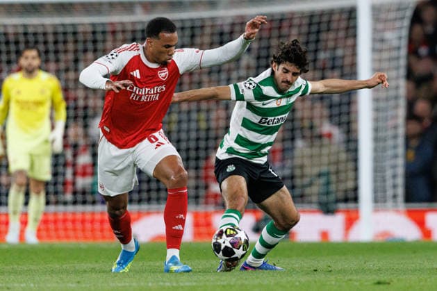 Gabriel Magalhaes and Francisco Trincao seen during UEFA Champions League quarterfinal game between teams of Arsenal FC and Sporting CP at Emirates Stadium (Maciej Rogowski Ball Raw Images) London Emirates Stadium United Kingdom Copyright: xMaciejxRogowskix MaciejRogowskiArsenalSporting2526221