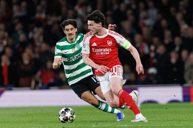 Declan Rice and Francisco Trincao seen during UEFA Champions League quarterfinal game between teams of Arsenal FC and Sporting CP at Emirates Stadium (Maciej Rogowski Ball Raw Images) London Emirates Stadium United Kingdom Copyright: xMaciejxRogowskix MaciejRogowskiArsenalSporting2526232