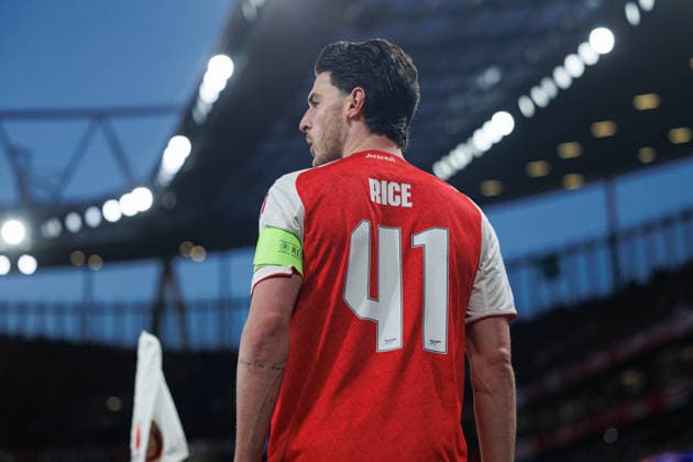 Declan Rice seen during UEFA Champions League quarterfinal game between teams of Arsenal FC and Sporting CP at Emirates Stadium (Maciej Rogowski Ball Raw Images) London Emirates Stadium United Kingdom Copyright: xMaciejxRogowskix MaciejRogowskiArsenalSporting2526265