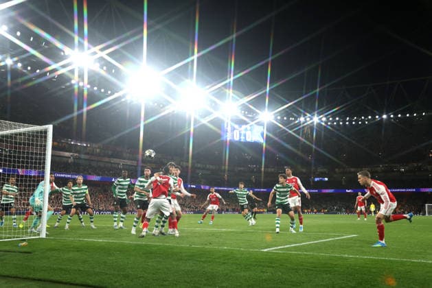Goalmouth action at the Arsenal v Sporting Club Portugal UEFA Champions League match, at the Emirates Stadium, London, UK on 15th April, 2026. 