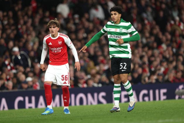Max Robert Dowman (A) Joao Pedro Arnauth Barrocas Simoes (SCP) at the Arsenal v Sporting Club Portugal UEFA Champions League match, at the Emirates Stadium, London, UK on 15th April, 2026. 