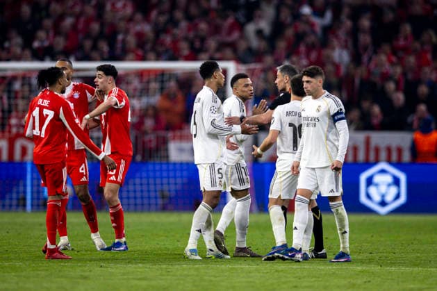 Jude Bellingham Kylian Mbappe Federico Valverde Arda Guler Referee Slavko Vincic seen during UEFA Champions League quarterfinal game between teams of FC Bayern Munich and Real Madrid CF at Allianz Arena Germany (Grzegorz Wajda Ball Raw Images) Munich Allianz Arena Germany Copyright: xGrzegorzxWajdax grzegorzwajda_uclquarterfinalbayernreal2526__508