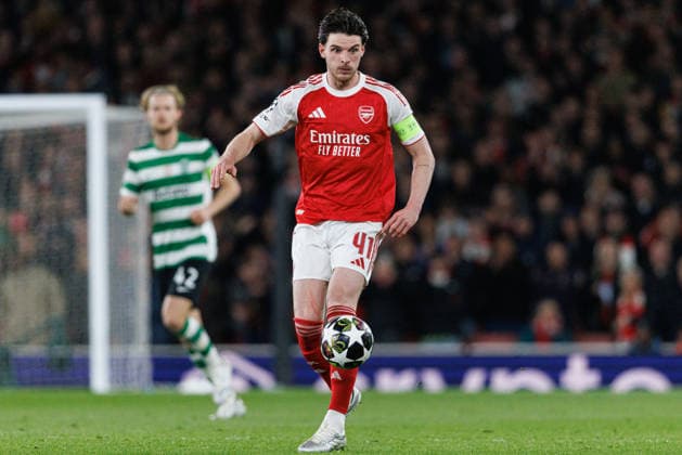 Declan Rice seen during UEFA Champions League quarterfinal game between teams of Arsenal FC and Sporting CP at Emirates Stadium (Maciej Rogowski Ball Raw Images) London Emirates Stadium United Kingdom Copyright: xMaciejxRogowskix MaciejRogowskiArsenalSporting2526285