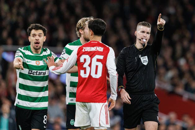 Pedro Goncalves , Morten Hjulmand, Martin Zubimendi and Francois Letexier seen during UEFA Champions League quarterfinal game between teams of Arsenal FC and Sporting CP at Emirates Stadium (Maciej Rogowski Ball Raw Images) London Emirates Stadium United Kingdom Copyright: xMaciejxRogowskix MaciejRogowskiArsenalSporting2526295