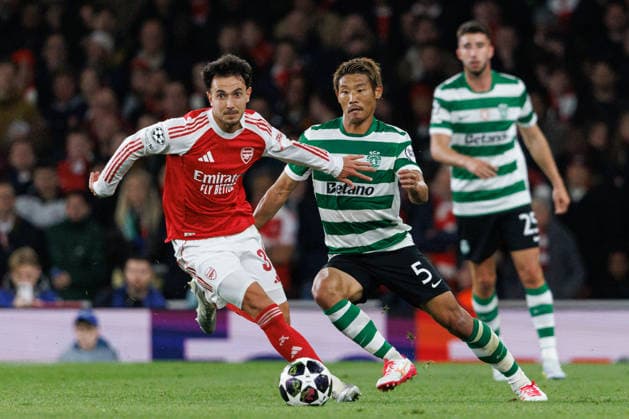 Martin Zebimendi and Hidemasa Morita seen during UEFA Champions League quarterfinal game between teams of Arsenal FC and Sporting CP at Emirates Stadium (Maciej Rogowski Ball Raw Images) London Emirates Stadium United Kingdom Copyright: xMaciejxRogowskix MaciejRogowskiArsenalSporting2526316