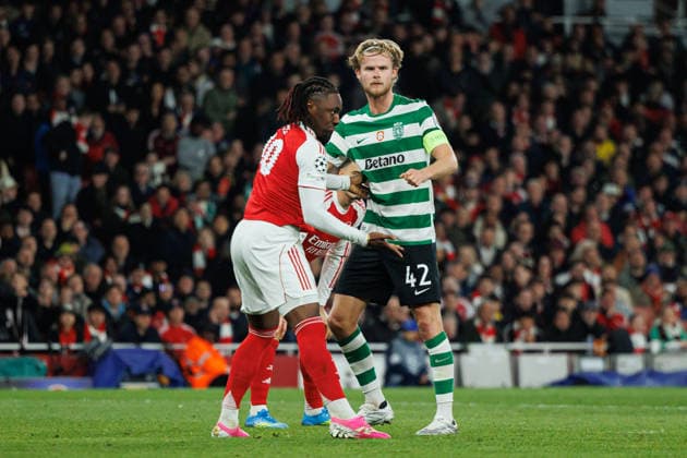 Eberechi Eze and Morten Hjulmand seen during UEFA Champions League quarterfinal game between teams of Arsenal FC and Sporting CP at Emirates Stadium (Maciej Rogowski Ball Raw Images) London Emirates Stadium United Kingdom Copyright: xMaciejxRogowskix MaciejRogowskiArsenalSporting2526327