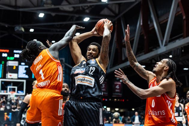GER, easy Credit Basketball Bundesliga, 23 Matchday, Niners Chemnitz Ratiopharm Ulm 15 04 2026, Fair, Chemnitz, GER, easy Credit Basketball Bundesliga, 23 Matchday, Niners Chemnitz Ratiopharm Ulm Joel Soriano Ratiopharm Ulm, 12 Photo Alexander Trienitz Chemnitz Fair Saxony Germany