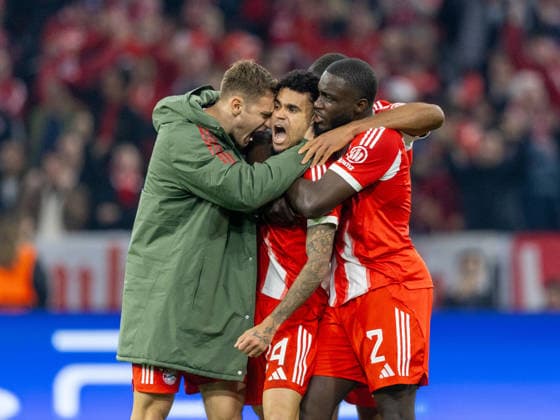 Bayern goal celebration with Bayerns Josip STANISIC, goal scorers LUIS DIAZ and Dayot UPAMECANO after scoring the 3 3 Football Bayern Real Madrid 4 3 Football Champions League, FC Bayern Munich Real Madrid quarter-final, second leg, 2025 2026 season, on 15 04 2026 in Munich, A L L I A N Z A R E N A, Germany Source Copyright Credit Oryk HAIST xFUSSBALL-BAYERN-REALx