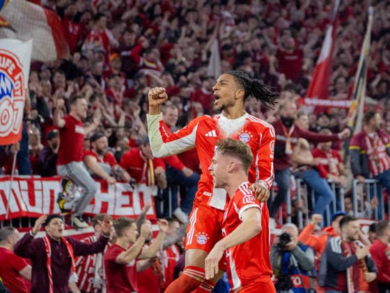 Goal celebration goal scorers Bayern 17 Michael OLISE and Bayern 6 Joshua KIMMICH after scoring 4 3 Football Bayern Real Madrid 4 3 Football Champions League, FC Bayern Munich Real Madrid quarter-final, second leg, season 2025 2026, on 15 04 2026 in Munich, A L L I A N Z A R E N A, Germany Source Copyright Credit Oryk HAIST xFUSSBALL-BAYERN-REALx
