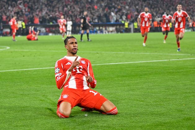Muenchen, Allianz Arena, 15 04 26, GER, Men, UEFA Champions League, Quarter-final, Season 2025 2026, FC Bayern Muenchen Real Madrid Picture Michael OLISE Muenchen cheers after his goal for 4 3 UEFA regulations prohibit any use of photographs as image sequences and or quasi video Bayern Germany