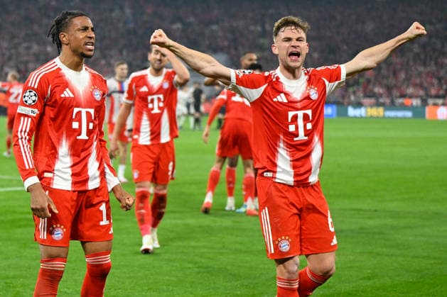 Muenchen, Allianz Arena, 15 04 26, GER, Men, UEFA Champions League, Quarterfinals, Season 2025 2026, FC Bayern Muenchen Real Madrid Picture Michael OLISE Muenchen cheers after his goal to 4 3 with Joshua KIMMICH Muenchen UEFA regulations prohibit any use of photographs as image sequences and or quasi video Bayern Germany