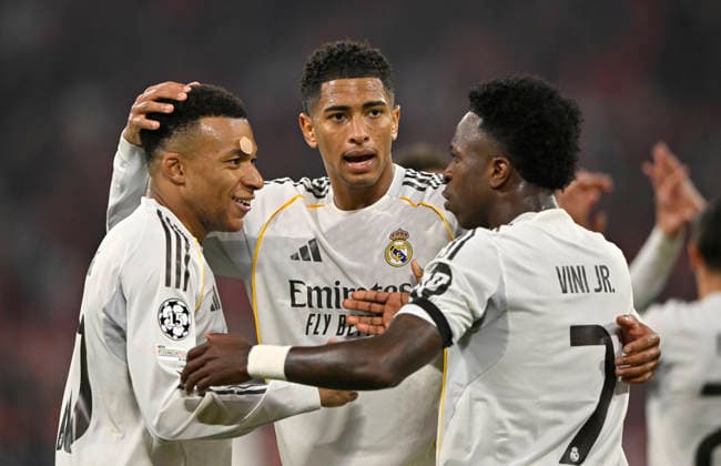 GOAL to 2 3 Kylian Mbappe Real Madrid 10 Goal celebration Jude Bellingham Real Madrid 05 Vinicius Junior Real Madrid 07 FC Bayern Muenchen FCB vs Real Madrid UEFA CL Champions League quarter-final second leg 15 04 2026 DFL REGULATIONS PROHIBIT ANY USE OF PHOTOGRAPHS AS IMAGE SEQUENCES AND OR QUASI VIDEO FC Bayern Muenchen FCB vs Real Madrid CL Champions League