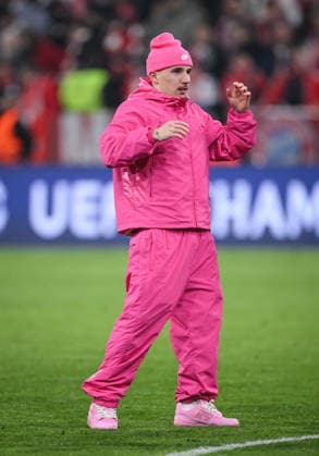 FOOTBALL CHAMPIONS LEAGUE SEASON 2025 2026 Quarter-final second leg 15 04 2026 FC Bayern Munich Real Madrid All in red or pink, Lennart Karl with extravagant outfit on the pitch after the match