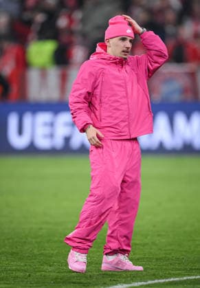 FOOTBALL CHAMPIONS LEAGUE SEASON 2025 2026 Quarter-final second leg 15 04 2026 FC Bayern Munich Real Madrid All in red or pink, Lennart Karl with extravagant outfit on the pitch after the match