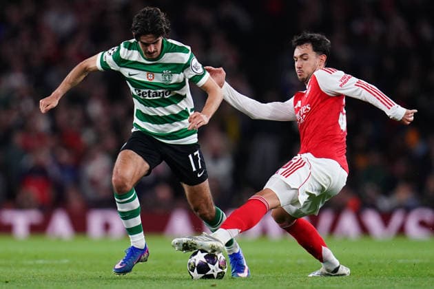 UEFA Champions League Quarter Finals Arsenal v Sporting CP Martin Zubimendi of Arsenal and Trincao of Sporting CP battle during the UEFA Champions League Quarter Finals match Arsenal vs Sporting CP at Arsenal stadium, London, United Kingdom on 15 April 2026 (Photo by Harvey Murphy News Images) Copyright: xHarveyxMurphy NewsxImagesx