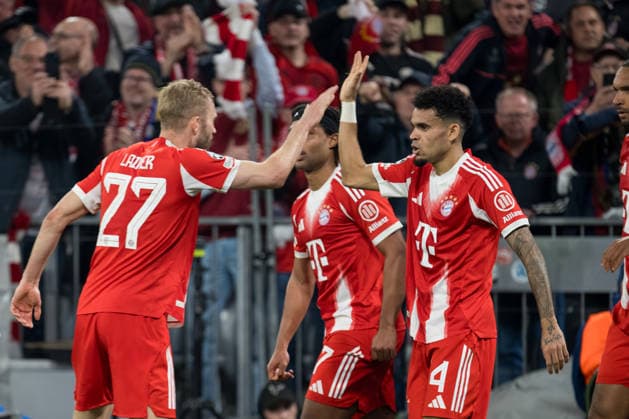 GER, Bavaria, Munich, Fussball, FC Bayern Munich - Real Madrid CF, at the Allianz Arena, Munich, Champions League, Quarter finals, second leg, April 15, 2026, from left: Konrad Laimer (FC Bayern Muenchen, 27), Serge Gnabry (FC Bayern Muenchen, 7), Luis Diaz (FC Bayern Muenchen, 14), Torjubel, Freude, Emotionen, Jubel, Feiern, Goal Scored, Celebrate, goal celebration, joy, emotions, celebration, cheering, goal scored, celebrate UEFA regulations prohibit any use of photographs as image sequences and or quasi-video, Munich Allianz Arena Bavaria Germany Copyright: xMichaelxNibelx