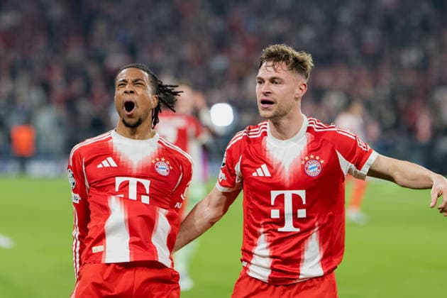 GER, Bavaria, Munich, Fussball, FC Bayern Munich - Real Madrid CF, at the Allianz Arena, Munich, Champions League, Quarter finals, second leg, April 15, 2026, from left: Michael Akpovie Olise (FC Bayern Muenchen, 17), Joshua Kimmich (FC Bayern Muenchen, 6), Torjubel, Freude, Emotionen, Jubel, Feiern, Goal Scored, Celebrate, goal celebration, joy, emotions, celebration, cheering, goal scored, celebrate UEFA regulations prohibit any use of photographs as image sequences and or quasi-video, Munich Allianz Arena Bavaria Germany Copyright: xMichaelxNibelx