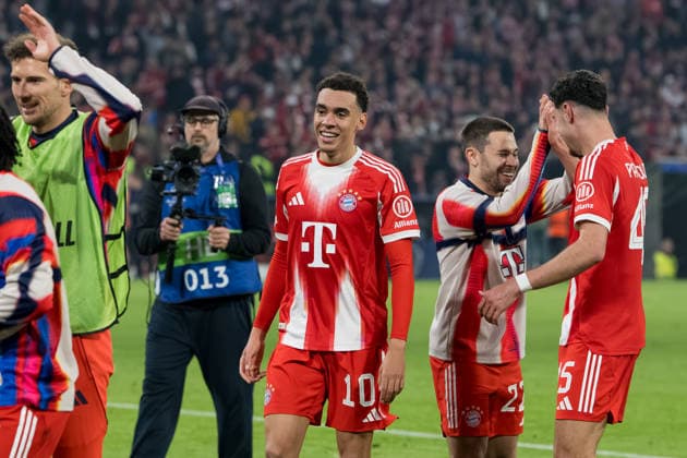 GER, Bavaria, Munich, Fussball, FC Bayern Munich - Real Madrid CF, at the Allianz Arena, Munich, Champions League, Quarter finals, second leg, April 15, 2026, from left: Leon Goretzka (FC Bayern Muenchen, 8), Jamal Musiala (FC Bayern Muenchen, 10), Raphael Guerreiro (FC Bayern Muenchen, 22), Aleksandar Pavlovic (FC Bayern Muenchen, 45), Torjubel, Freude, Emotionen, Jubel, Feiern, Goal Scored, Celebrate, goal celebration, joy, emotions, celebration, cheering, goal scored, celebrate UEFA regulations prohibit any use of photographs as image sequences and or quasi-video, Munich Allianz Arena Bavaria Germany Copyright: xMichaelxNibelx