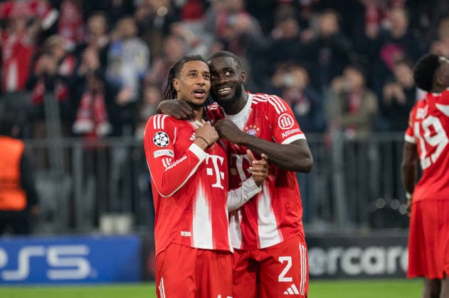GER, Bavaria, Munich, Fussball, FC Bayern Munich - Real Madrid CF, at the Allianz Arena, Munich, Champions League, Quarter finals, second leg, April 15, 2026, from left: Michael Akpovie Olise (FC Bayern Muenchen, 17), Dayot Upamecano (FC Bayern Muenchen, 2), Freude, Emotionen, Jubel, Feiern, Goal Scored, Celebrate, goal celebration, joy, emotions, celebration, cheering, goal scored, celebrate UEFA regulations prohibit any use of photographs as image sequences and or quasi-video, Munich Allianz Arena Bavaria Germany Copyright: xMichaelxNibelx