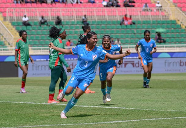 (260416) -- NAIROBI, April 16, 2026 -- Astam Oraon (front) of India celebrates after scoring a goal during the FIFA Women s Series 2026 football match between Malawi and India in Nyayo National Stadium, Nairobi, Kenya, April 15, 2026. ) (SP)KENYA-NAIROBI-FOOTBALL-FIFA SERIES-INDIA VS MALAWI YangxGuang 