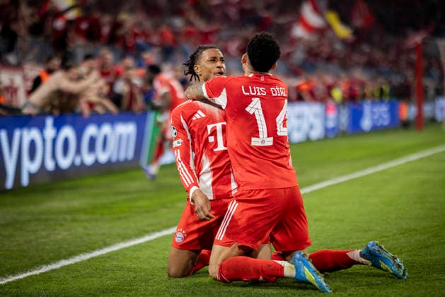 Munich, Germany 15th Apr 2026 Goal celebration Michael Olise FCB Luis Diaz FCB FC Bayern Munich Real Madrid 15 04 2026