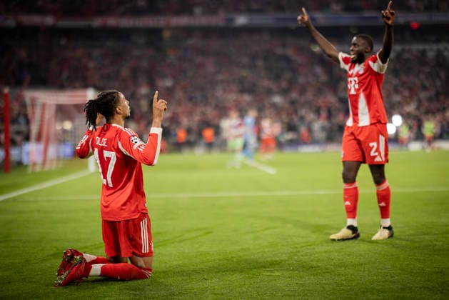 Munich, Germany 15th Apr 2026 Goal celebration Michael Olise FCB Dayot Upamecano FCB FC Bayern Munich Real Madrid 15 04 2026