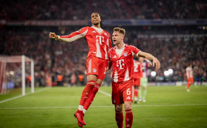 Munich, Germany 15th Apr 2026 Goal celebration Michael Olise FCB Joshua Kimmich FCB FC Bayern Munich Real Madrid 15 04 2026