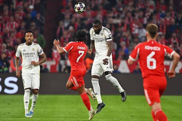 Antonio RUEDIGER Real Madrid , action,duel against Serge GNABRY FC Bayern Muenchen Football Champions League,season 2025 26, quarter-final FC Bayern Muenchen Real Madrid 4 3 on 15 04 2026 A L L I A N Z A R E N A