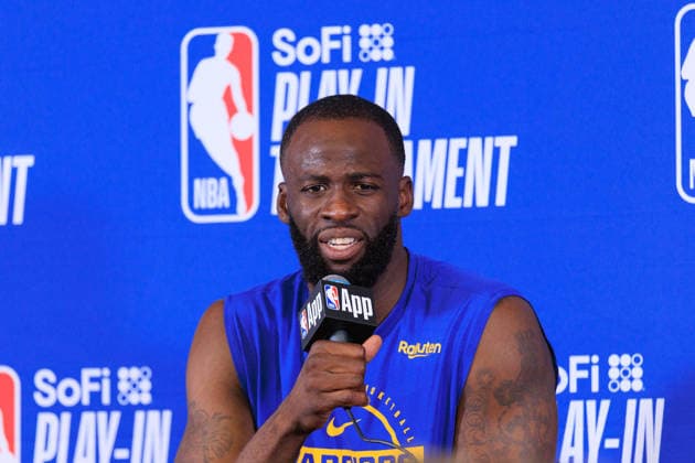 April 15, 2026, Inglewood, California, USA: Draymond Green 23 of the Golden State Warriors attends a press conference, PK, Pressekonferenz after winning an NBA, Basketball Herren, USA Play-In Tournament game against the LA Clippers on Wednesday April 15, 2026 at Intuit Dome Arena in Inglewood, California. Clippers lose to Warriors, 126-121. JAVIER ROJAS PI Inglewood USA - ZUMAp124 20260415_zaa_p124_069 Copyright: xJavierxRojasx