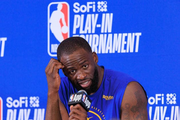 April 15, 2026, Inglewood, California, USA: Draymond Green 23 of the Golden State Warriors attends a press conference, PK, Pressekonferenz after winning an NBA, Basketball Herren, USA Play-In Tournament game against the LA Clippers on Wednesday April 15, 2026 at Intuit Dome Arena in Inglewood, California. Clippers lose to Warriors, 126-121. JAVIER ROJAS PI Play-In Clippers Vs. Warriors - ZUMAp124 20260415_zaa_p124_070 Copyright: xJavierxRojasx