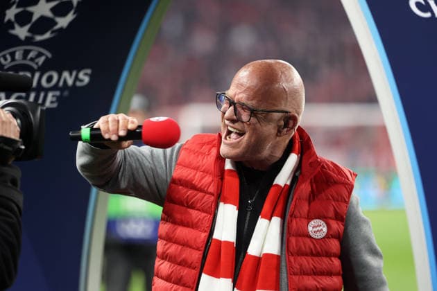 Football, men, Champions League, 2025 2026 season, FC Bayern Munich Real Madrid, quarter-final second leg, Allianz Arena Stephan Lehmann, stadium announcer FC Bayern Munich in action, shouting, screaming, emotion with microphone