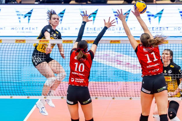 15 04 2026, GER, Volleyball, 1 Bl, Women, Season 25 26, Final PlayOff Best of 5 , VfB 91 Suhl Lotto Thueringen Dresdner SC Monika Brancuska VfB 91 Suhl Lotto Thueringen , Miku Akimoto Dresdner SC , Amanda Siksna Dresdner SC 98527 Suhl Sporthalle Wolfsgrube Thüringen Germany