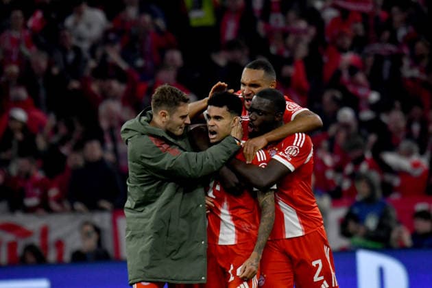 15 04 2026, Allianz Arena, Munich, Champions League, FC Bayern Munich vs Real Madrid , in the picture Luis Diaz Munich is happy about his goal Photo by Midori Ikenouchi Hasan Bratic DeFodi Images